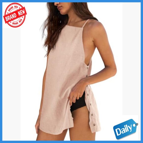 Linen Mini Dress Spaghetti Strap Open Back Sundress Beach Casual - Picture 2 of 7